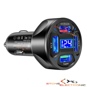 Incarcator Fast Charging Smart Auto, 66W cu 4 USB, Stone, afisare voltaj baterie