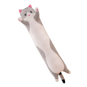 Jucarie pisica plus Stone®, tip perna, lavabila, umplutura hipoalergenica, pentru copii, lungime 50 cm, culoare gri-alb 3+ ani