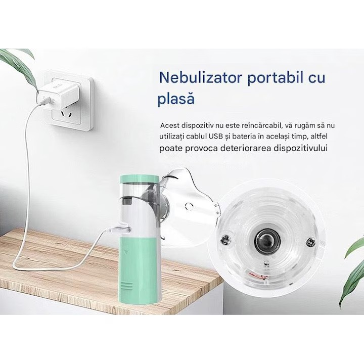 Aparat cu aerosoli Stone®, nebulizator pentru copii si adulti, portabil, tehnologie mesh, 3 nivele de putere, silentios, culoare alb/verde-W303 - imagine 7