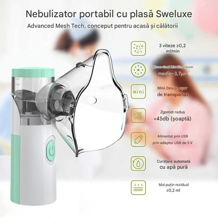 Aparat cu aerosoli Stone®, nebulizator pentru copii si adulti, portabil, tehnologie mesh, 3 nivele de putere, silentios, culoare alb/verde-W303 - imagine 3